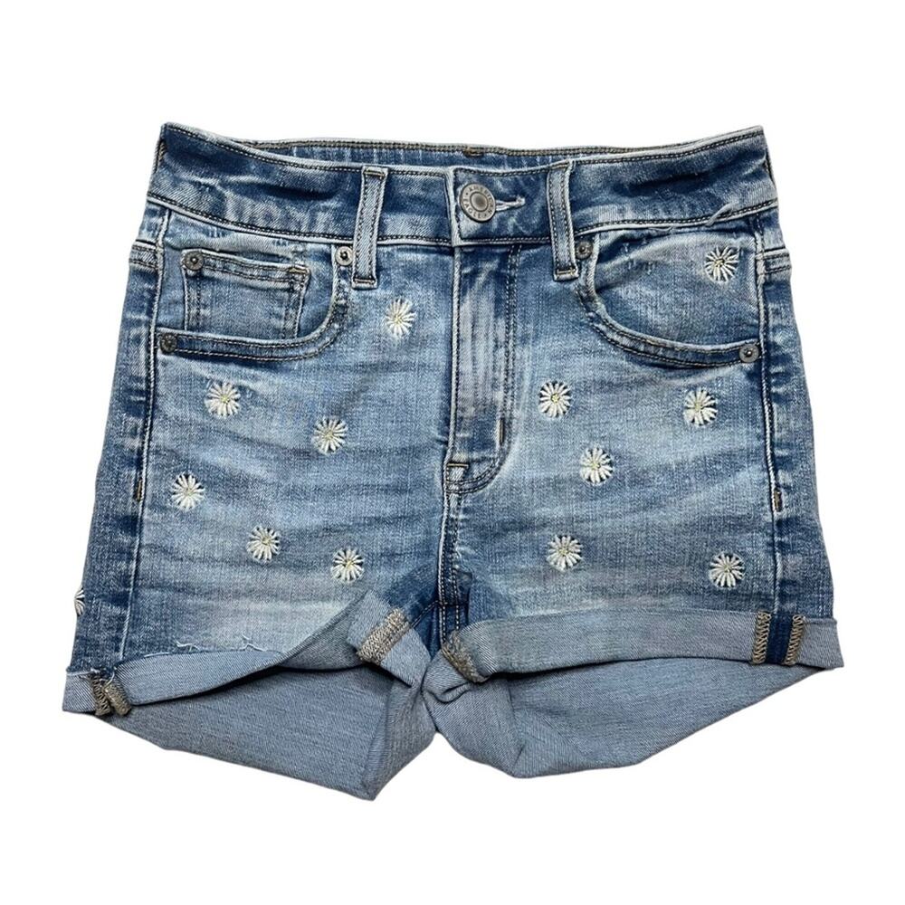 American Eagle Daisy Embroidered Hi Rise Shortie Denim Shorts Size 00